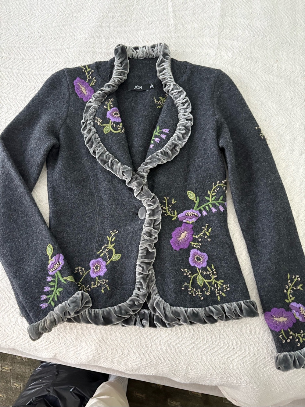Jon Charcoal Gray Ruffle-Trim Floral Embroidered Cardigan